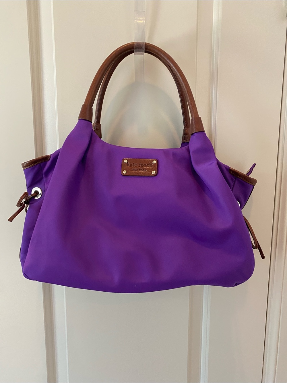 kate spade vibrant purple nylon shoulder bag with brown leather handles